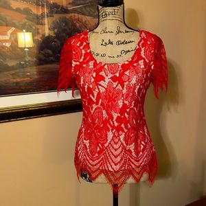 BKE Boutique red lace overlay top, size S.